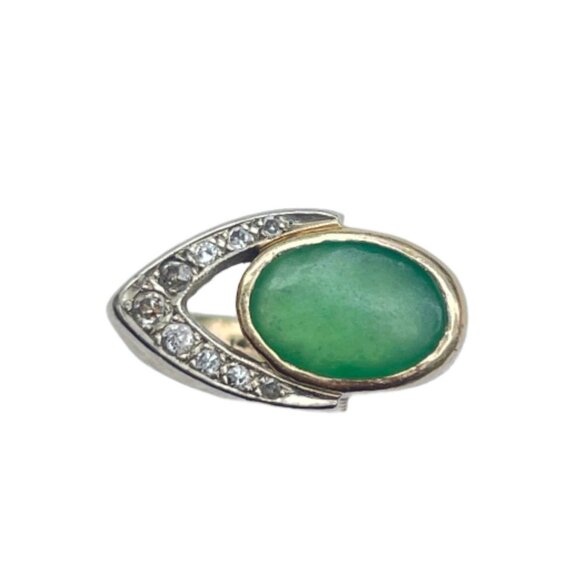Vintage 14k Gold - 7.3 Grams - 1960s Modernist Jade Diamond Band Ring - Size 5.5 - Picture 1 of 6